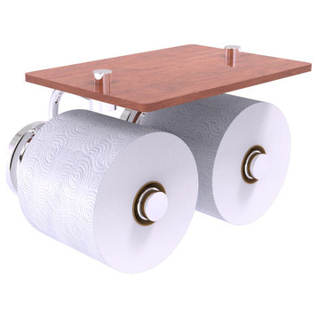 Que New 2 Roll Toilet Paper Holder with Wood Shelf, Polished Chrome