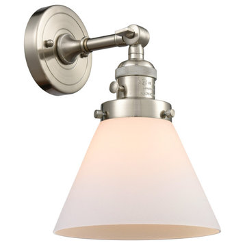 Large Cone 1-Light Sconce, Brushed Satin Nickel, Glass: Matte White Cased