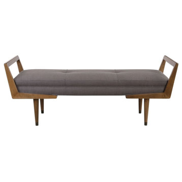 Midcentury Modern Exposed Wood Frame Bench, Tufted Gray Brown Retro Long