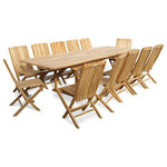 Windsor Teak Furniture - Grade A Teak, Extension Table and 12 Folding Chairs With Lumbar Support, 108" - The Buckingham Rectangular 108" Double Leaf Teak Extension Table W/12 Java Teak Folding Chairs w/ Lumbar Support comfortably seats 12 people when extended. The table is 68" when closed, 88" with one leaf open , and 108" with both leafs open...giving you 3 differnet size tables. The table is designed with built-in butterfly pop-up leafs that enables you to open or close the table in 15 seconds. The table also comes with cap covered umbrella hole and a built-in umbrella base. The chairs are extremely comfortable with the contoured lumbar support back and fold for easy storage.  Some assembly W/ table. Shipped via truck.