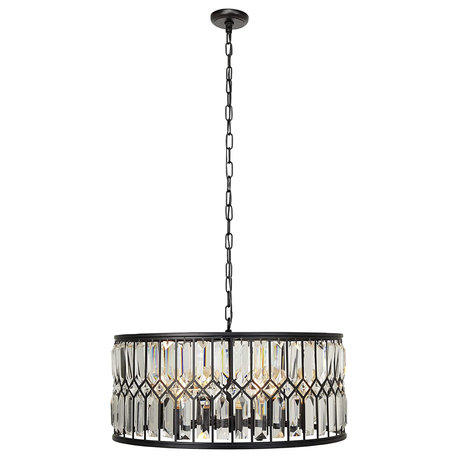 Modern Chandelier, Drum Shade With Glass Prims and Diamond Crystal Accents