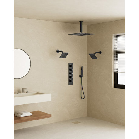 Triple Shower Heads 16" Rainfall Shower System With Thermostatic Valve, Matte Black