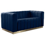 Meridian Furniture - Marlon Velvet Upholstered Loveseat, Navy - Seat guests in the epitome of comfort and style with this Marlon velvet loveseat. This piece is just the thing to showcase your modish style while ensuring total enjoyment from all who are lucky enough to relax on its channel tufted seats. The soft navy velvet upholstery adds a beautiful touch to your space and feels great against your skin while the brushed gold stainless steel base lends it a contemporary finish.