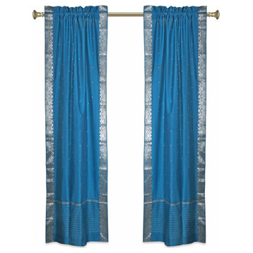 Lined-Turquoise Rod Pocket  Sheer Sari Curtains w/ Silver Border-80Wx96L-Pair