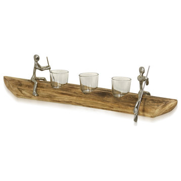 Tea Light Tandem, Carved Wood Canoe, Paddling Figurines, 3 Glass Candle Holders