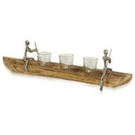 StyleCraft - Tea Light Tandem, Carved Wood Canoe, Paddling Figurines, 3 Glass Candle Holders - This tea light tandem is the ideal way to add rustic charm and warm light to interior decor. It features a realistic-looking natural carved wood canoe holding three glass tea light holders. In front and behind, two pewter figurines appear to paddle the tea light holder safely across a tabletop or mantel area.