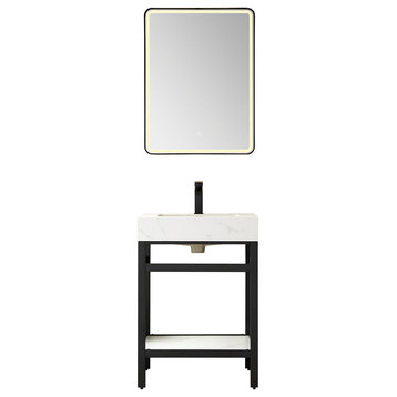 Funes Bath Vanity with Mirror, Matte Black Support, 24'', White Stone Top