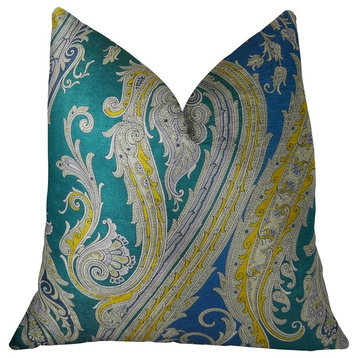 Annalise Blue Yellow and Green Handmade Luxury Pillow, 16"x16"