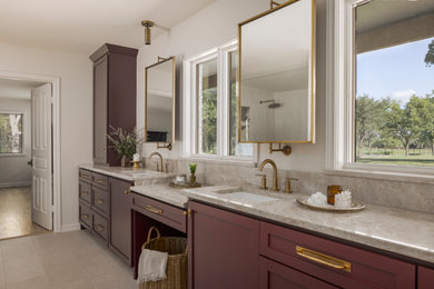 Transitional gray floor and double-sink bathroom photo in Dallas with shaker cabinets, red cabinets, white walls, an undermount sink, beige countertops and a built-in vanity