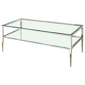 Contemporary Coffee Table, Silver Iron Frame With Clear Glass Top & Open Display