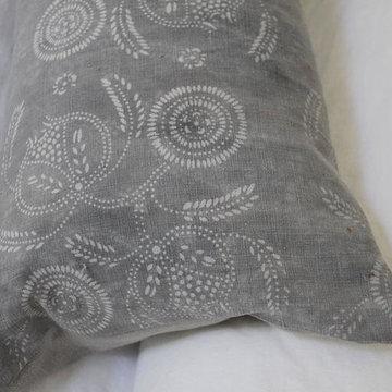 Pair of Vintage Faded Grey Batik Floral Lumbar Pillows