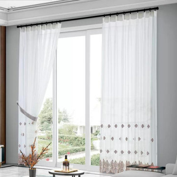 QY7121SXC Elbert Flowers Embroidered Double Pinch Pleat Ready Made Sheer Curtain