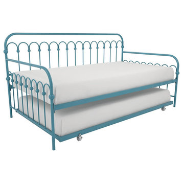 Contemporary Twin Daybed With Trundle, Curved Patterned Metal Frame, Teal