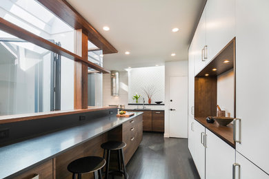 Example of a minimalist dark wood floor and black floor eat-in kitchen design with an undermount sink, flat-panel cabinets, dark wood cabinets, solid surface countertops, stainless steel appliances and black countertops
