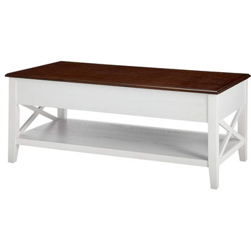 Farmhouse Coffee Table, Faux Wood Lift Top, Brown and White Finish