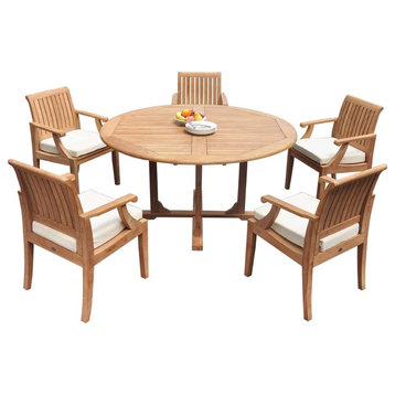 6-Piece Outdoor Patio Teak Dining Set: 60" Round Table, 5 Lagos Arm Chairs