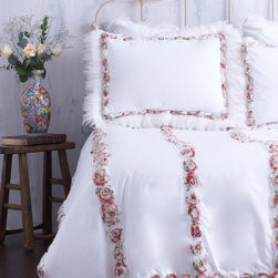 White Duvet Cover with Colorful Rosettes & Feather Trim - Duvet Covers And Duvet Sets