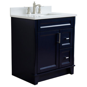 31" Single Sink Vanity, Blue Finish With White Quartz With Rectangle Sink