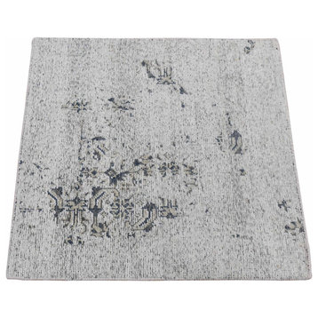 Ivory Modern Design Hand Knotted Hi and Lo 100% Silk Zero Pile Rug, 2'0"x2'2"