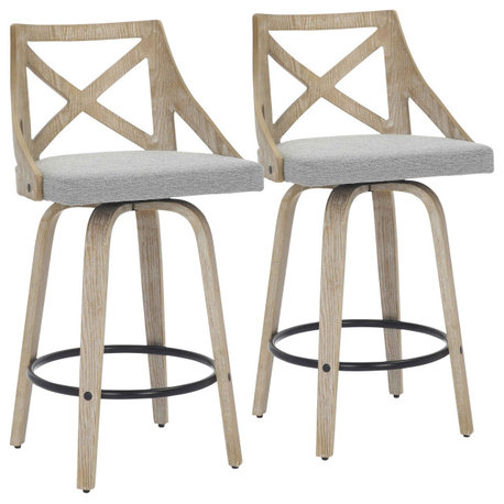 Charlotte Counter Stool, Set of 2, White Washed Wood, Light Gray Fabric