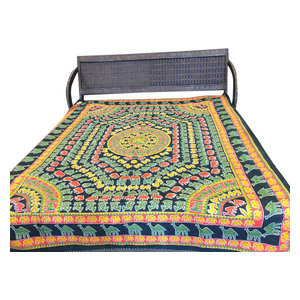 mogulinterior - India Inspired Bedding, Elephant Printed, Yellow Green, Cotton - Sheet And Pillowcase Sets