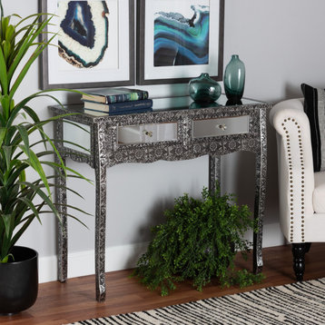 Unique Console Table, Floral Patterned Body & 2 Mirrored Storage Drawers, Silver