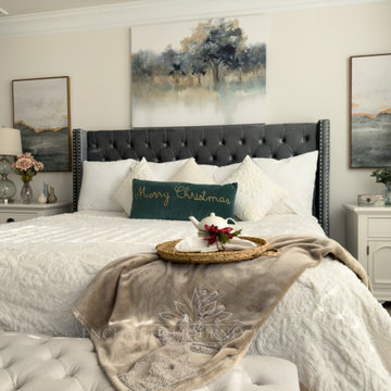 Coastal-Inspired Bedroom Retreat with Velvet Tufted Headboard and Accent Wall