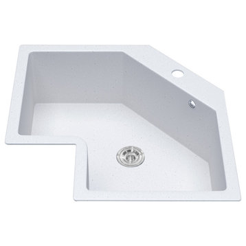 25" Drop In Corner Kitchen Sink Modern Single Bowl Quartz Irregular Sink, White