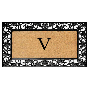 A1HC Floral Border Black 18x30 Rubber and Coir Heavy Duty Monogrammed Doormat, V