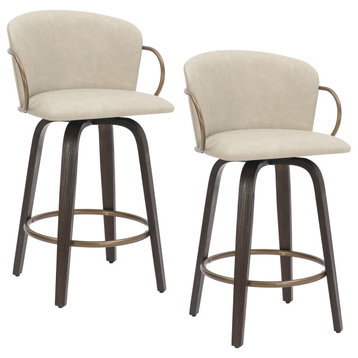Mid-Century Faux Leather 26" Swivel Counter Stool, Set of 2, Ivory