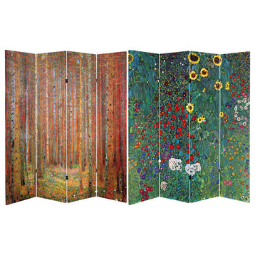 6' Tall Double Sided Works of Klimt Room Divider, Tannenwald/Farm Garden