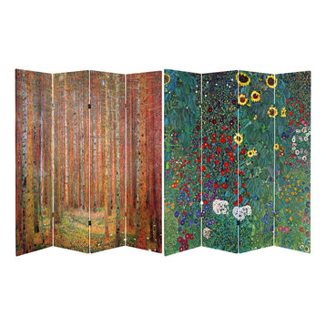 6' Tall Double Sided Works of Klimt Room Divider, Tannenwald/Farm Garden