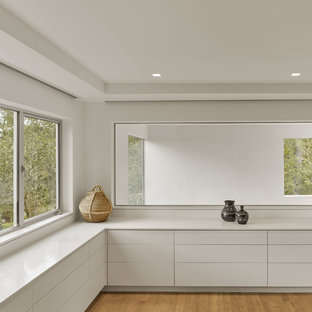 サンフランシスコの大きいモダンスタイルのおしゃれなホームオフィス・仕事部屋 (無垢フローリング、白い壁) の写真