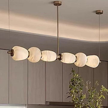 Sculptural Linear Chandelier Detail in Natural Spanish Alabaster & Copper