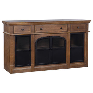 Henley Wood and Black Metal Credenza With 3 Drawers and 4 Glass Doors