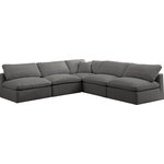 Meridian Furniture - Plush Velvet / Down Standard Comfort L-Shaped Modular Sectional, Gray, 5-Piece: 4 Armless Chair, 1 Corner Chair - No matter how big or little the size of your gang, they can all find their sweet spot when you choose pieces from the Plush collection to build your ideal seating group. Choose this five-piece set or pair multiple pieces together to get the custom look everyone will love. The soft grey velvet material is soft and welcoming to the touch, and the set's cushions are overstuffed with a down and feather blend to provide ample support for tired bodies.