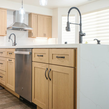 Modern Light Oak Shaker Kitchen with Waterfall Quartz Island P3| The Cabination
