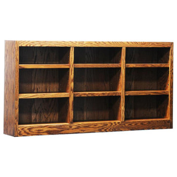 Traditional 36" Tall 9-Shelf Triple Wide Wood Bookcase in Dry Oak