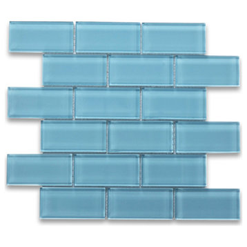 Glass Mosaic Tile Country Blue 2x4 Subway Tile Kitchen Backsplash, 1 sheet