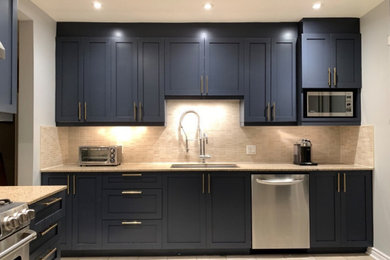 Inspiration for a modern kitchen remodel in Vancouver with shaker cabinets and blue cabinets