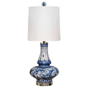 Blue and White Porcelain Bird Motif Gourd Vase Table Lamp 27"