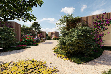 Diseño de jardín de secano mediterráneo de tamaño medio en patio con exposición total al sol