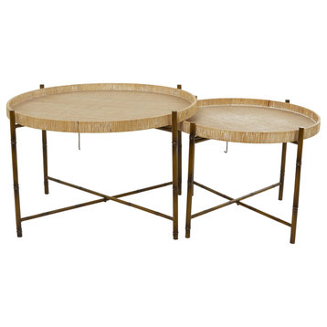Set of 2 Coffee Table, Crossed Bamboo Like Base With Tray Like Round Top, Brown