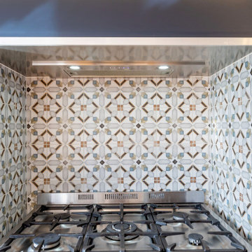 Feature tiles to former chimney opening for space for freestanding hon / oven