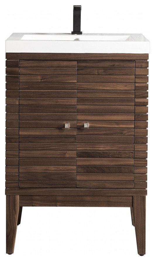 24 Inch Mid-Century Walnut Single Sink Bathroom Vanity White Stone ...