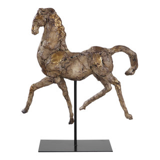 Modern Rustic Aged Gold Silver Horse Statue Black Stand Abstract