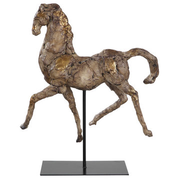 Modern Rustic Aged Gold Silver Horse Statue Black Stand Abstract Prancing