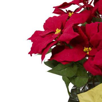 16" Red Artificial Christmas Poinsettia Arrangement With Gold Wrapped Pot