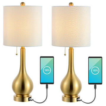 Tyler 24" Gourd Iron LED Table Lamp With Pull-Chain, USB Ports, Set of 2, Brass Gold