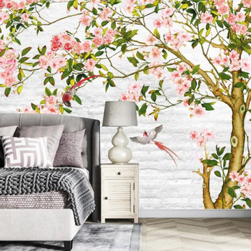 3D Brick Bird Tree Chinoiserie Wallpaper